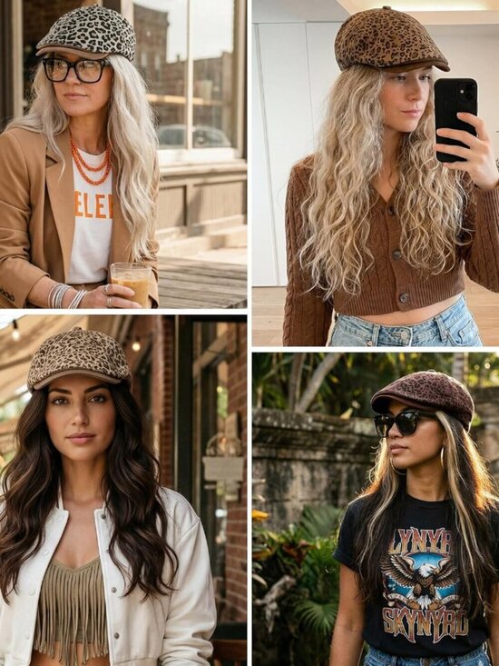 Women\'s Leopard Printed Beret Cap Retro Visor Cabbie Caps Leopard- Beige main image 6